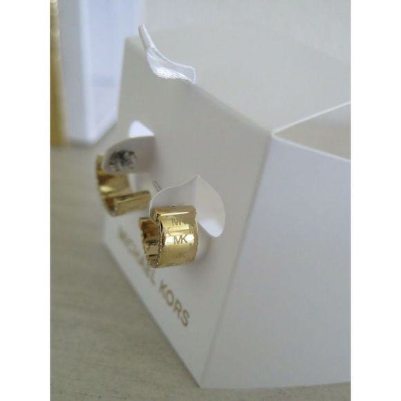 Michael Kors MKJX7845710 MK Monogram Yellow Gold Hoop Stud Earrings Crystals - Picture 10 of 10